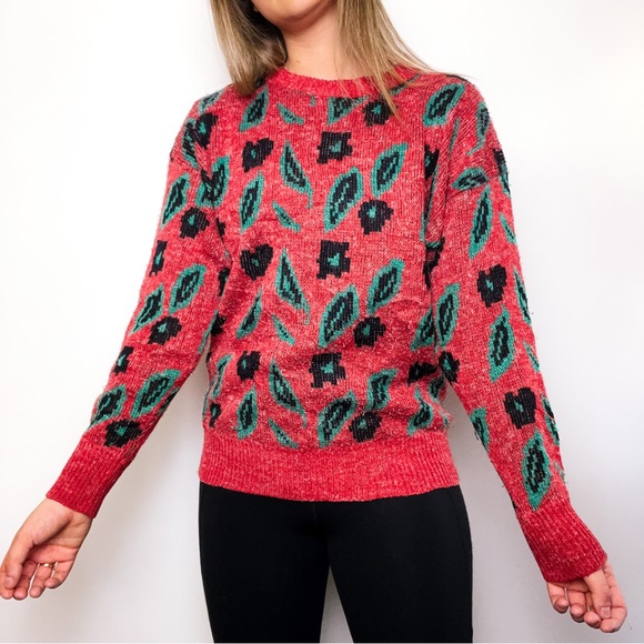 VINTAGE Red Green Leaf 90s Sweater - Picture 4 of 7